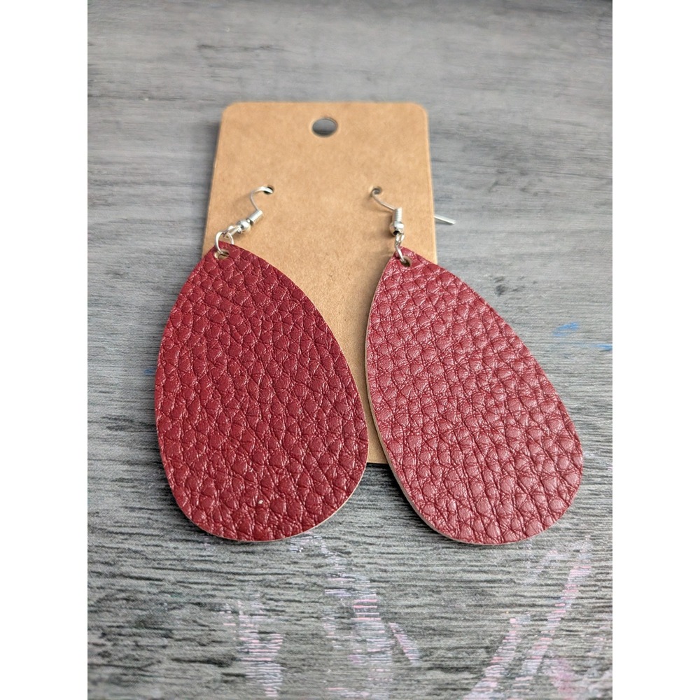 Burgundy Faux Leather Teardrop Dangle Earrings Pebbled Maroon Boho Accessory